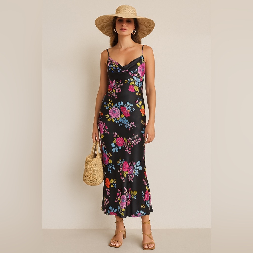 NWT black floral print cowl neck maxi satin slip dress L wedding guest vacation